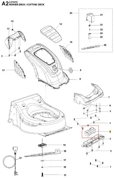 Obciążnik kosiarki LC 141C Husqvarna w kolorze szarym, z tworzywa sztucznego, w ułożeniu poziomym. Widoczny system mocowania i szczegóły konstrukcyjne na górnej powierzchni. Zbliżenie na krawędzie oraz oznaczenia producenta. Tło białe.