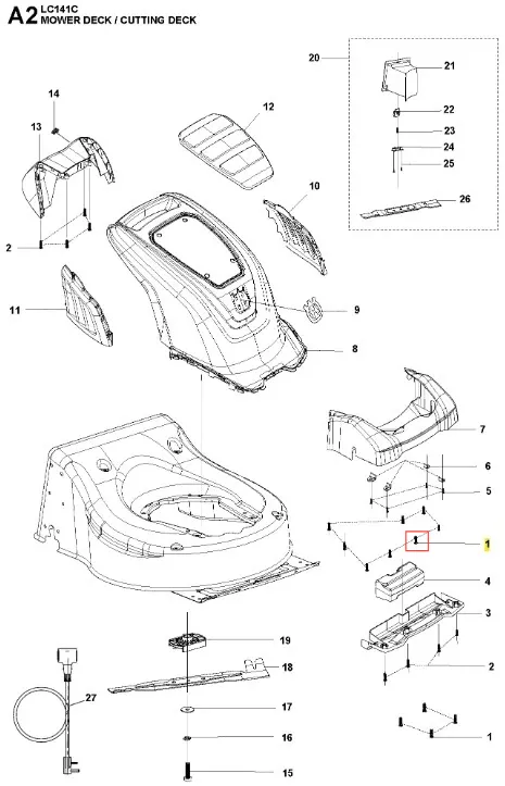 Śruba kosiarki Husqvarna LC 141C, metalowa, czarna, widok z góry ukazujący okrągły kształt i czytelne oznaczenia, z gwintem na całej długości, zamontowana na podłożu z widocznymi elementami urządzenia.