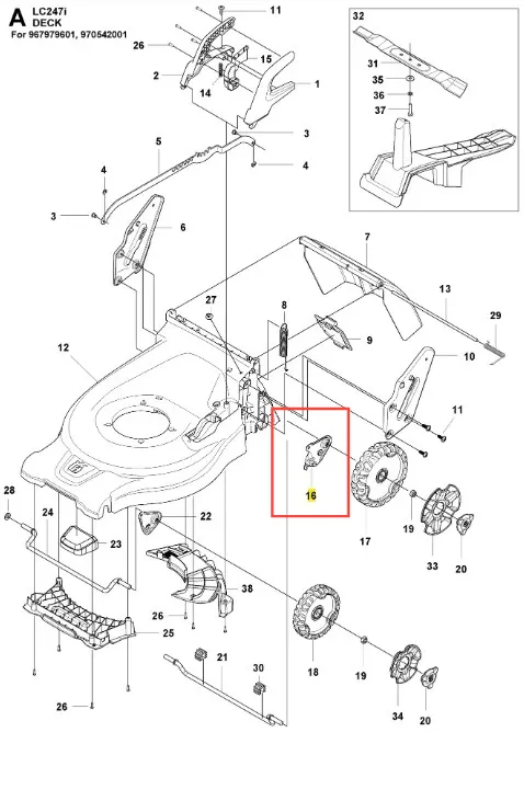 Ramię kosiarki LC 247i Husqvarna, metalowe, w szarym kolorze. Widoczne mocowanie oraz otwory na śruby. Produkt przedstawiony w widoku z góry, wskazując szczegóły konstrukcji. Tło jest białe, co zwiększa kontrast i widoczność detali.