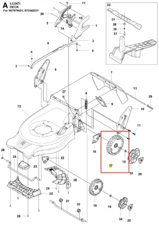 Koło kosiarki LC 247i Husqvarna, okrągłe, brązowe z wyraźnym wzorem. Ujęte z boku, widoczne mocowanie. Tło proste, białe, podkreślające szczegóły produktu. Idealne do wymiany w kosiarkach.