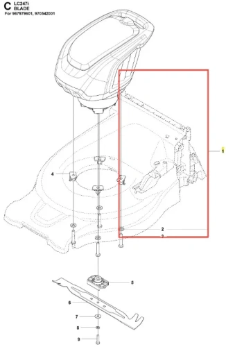 Front napędu kosiarki LC 247i Husqvarna z widocznym silnikiem, jasnoszary korpus, czarne elementy i licznik. Zbliżenie na górną część z mechaniczną konstrukcją i śrubami, idealne do identyfikacji części.