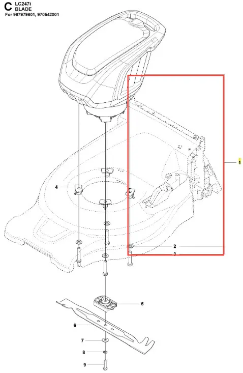 Front napędu kosiarki LC 247i Husqvarna z widocznym silnikiem, jasnoszary korpus, czarne elementy i licznik. Zbliżenie na górną część z mechaniczną konstrukcją i śrubami, idealne do identyfikacji części.