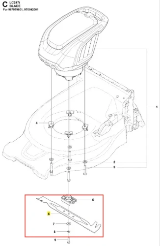 Nóż do kosiarki LC 247i Husqvarna o długości 47 cm, metalowy, z widocznymi otworami montażowymi. Ujęcie z góry, montrujące zamocowanie ostrza na podłożu, w kontekście skomponowanych części kosiarki. Ukazany detal z numerem identyfikacyjnym.