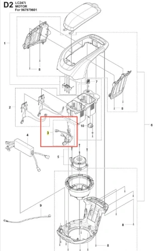 Płytka do kosiarki LC 247i Husqvarna w szczegółowym rysunku technicznym. Element z plastiku, w kolorze czarnym, ze złączkami. Widok z dołu, przedstawiający montaż oraz miejsca na mocowanie. Wyróżnione miejsce dla elementu elektronicznego.