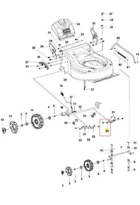Nakrętka zabezpieczająca do kosiarki LC 141C Husqvarna, metalowa, w kolorze srebrnym, zewnętrzny gwint, widoczny numer katalogowy 24. Ujęcie z przodu, na schemacie części, wyraźnie przedstawiająca sposób montażu w urządzeniu.