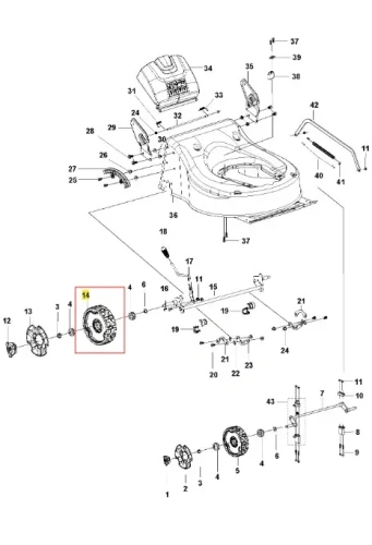 Koło kosiarki LC 141C Husqvarna, metalowe, okrągłe, z rowkami na obwodzie, o szarej kolorystyce, widok frontalny. Element zamocowany do układu koszenia, z wyraźnie zaznaczoną częścią mocującą oraz oznaczeniem numeru części.