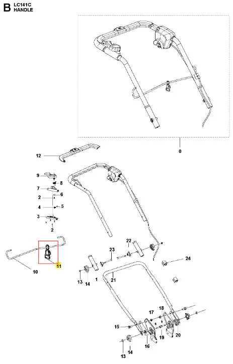 Prowadnik kosiarki LC 141C Husqvarna, złożony element uchwytu z metalowym wykończeniem, widoczny z przodu. Przedstawia detale mocowania i wyprofilowaną rączkę. W tle biały kolor, co podkreśla szczegóły konstrukcyjne.