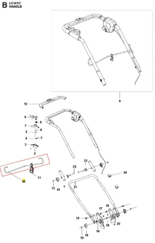 Pałąk kosiarki LC 141C Husqvarna, zamontowany w pozycji pionowej. Wykonany z metalowego materiału, z ergonomicznie ukształtowanymi uchwytami. Elementy mocujące i komponenty przykładowo widoczne w detalach. Tło jednolite, neutralne.