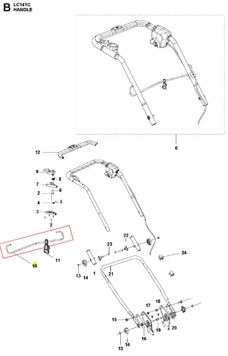 Pałąk kosiarki LC 141C Husqvarna, zamontowany w pozycji pionowej. Wykonany z metalowego materiału, z ergonomicznie ukształtowanymi uchwytami. Elementy mocujące i komponenty przykładowo widoczne w detalach. Tło jednolite, neutralne.