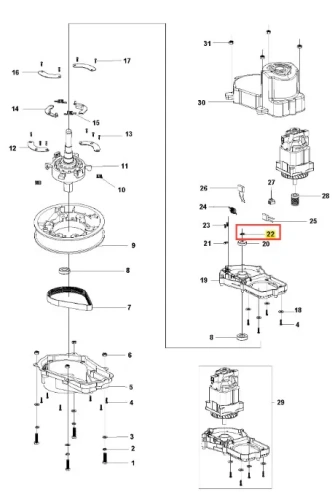 Pierścień sprężynujący do kosiarki LC 141C Husqvarna, metalowy, okrągły, widoczny w częściach zestawienia. Element zakrzywiony, z wyraźnym oznaczeniem numeru 22, niewielki, umieszczony w kontekście złożenia układu. Biała przestrzeń tła.