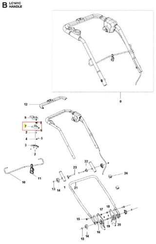 Osłona kosiarki LC 141C Husqvarna, pokazana z boku. Wykonana z solidnego materiału, ma prostą, metalową konstrukcję w kolorze czarnym. Widoczne elementy mocujące na końcach. Całość zajmuje stałą pozycję, idealna do aplikacji na kosiarkę.