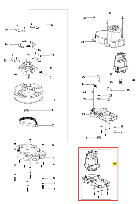 Silnik kosiarki LC 141C Husqvarna. Widok z boku, widoczny zespół silnikowy w czarnym korpusie. Szczegóły: metalowe przegrody, widoczne złącza oraz elementy mocujące. Tło białe, co podkreśla detale produktu.