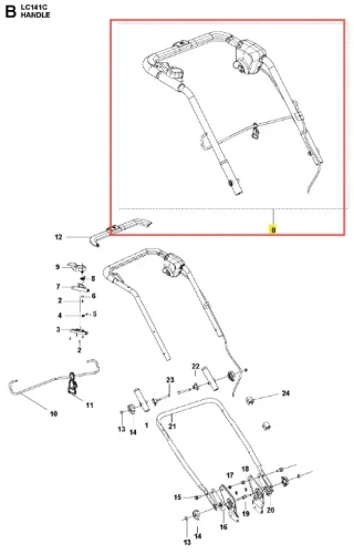 Uchwyt kosiarki LC 141C Husqvarna w widoku frontalnym, prezentujący metalową konstrukcję w kolorze czarnym. Widoczne elementy mocujące oraz uchwyty. Uchwyt jest rozłożony, gotowy do montażu. Tło białe, co podkreśla detale produktu.