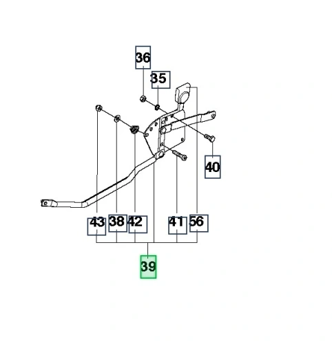 Regulator wysokości kosiarki WC 48S e Husqvarna, metalowy element w kształcie litery L z przymocowaną okrągłą głowicą, widoczny pod kątem z boku. Elementy mocujące i oznaczenia numeryczne, wśród których zaznaczony element 39. Tło proste.
