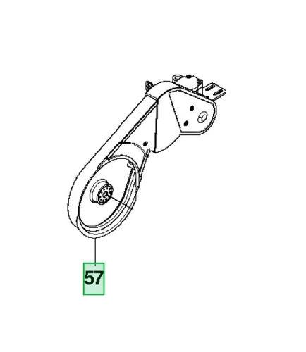 Zestaw przekładni kosiarki WC 48S e Husqvarna z widoczną rolką napinacza, w kształcie półokrągłym, z metalową obudową oraz mocowaniem. Element przedstawiony w perspektywie bocznej, od góry, z wyraźnym zaznaczeniem numeru catalogowego 57.