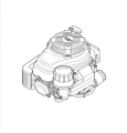 Silnik kosiarki LC 551SP Husqvarna, układ boczny, metalowy, szary z czarnymi elementami. Widoczne pokrywa cylindrów, rura wydechowa, złącze paliwowe po prawej i odpowietrznik u dołu.