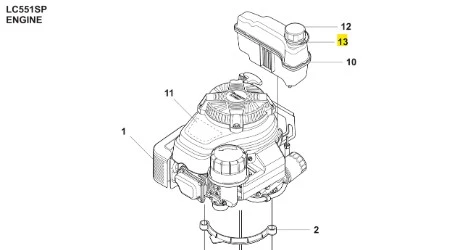 Uszczelka kosiarki LC 551SP Husqvarna w kolorze czarnym, o okrągłym kształcie, wykonana z elastycznego materiału. Zbliżenie na detale, widoczna przy montażu silnika, z oznaczeniami części 10, 11, 12 i 13 dla referencji.