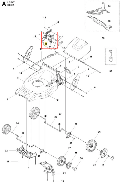 Przycisk kosiarki LC 247 Husqvarna, widoczny z boku, zamontowany na obudowie. Metalowy, w kolorze czarnym, z białymi oznaczeniami. Detal ukazuje mechanizm montażowy oraz mocowanie, istotne dla funkcji uruchamiania kosiarki. Tło białe.