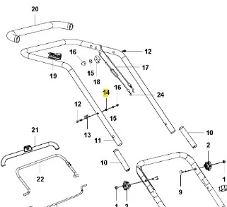 Fragment układu kosiarki LC 140S Husqvarna, ukazujący metalowy pierścień w kształcie prostokąta z oznaczeniami części. Widok z góry, części leżą w uporządkowany sposób na białym tle. Widoczne akcesoria montażowe i numeracje części.