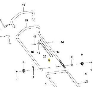 Śruba kosiarki LC 140S Husqvarna, metalowa, srebrna, z gwintem, o kształcie cylindrycznym, umieszczona na schemacie części zamiennych, w położeniu poziomym, z wyraźnie widocznymi numerami identyfikacyjnymi. Tło białe, z innymi elementami obok.