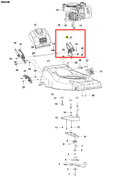 Wspornik kosiarki LC 140S Husqvarna w układzie frontalnym, w kolorze czarnym z metalicznymi detalami. Element ma klasyczny kształt, przeznaczony do montażu, widoczne otwory mocujące. Tło proste, białe.