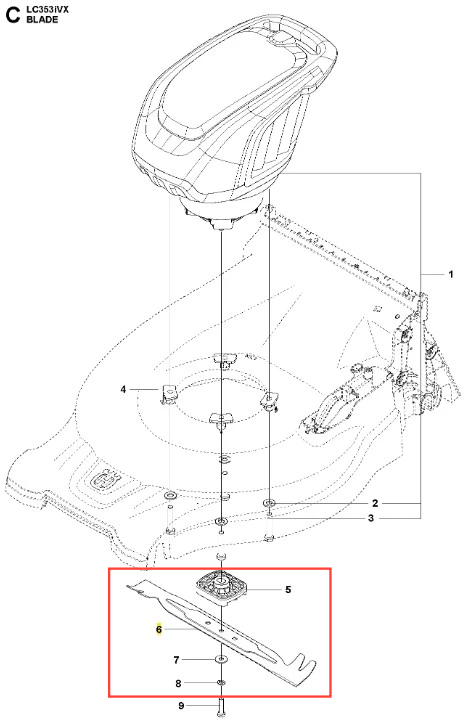 Metalowy nóż kosiarki Husqvarna LC 353iVX, prostokątny z wyprofilowanym ostrzem i przezroczystym elementem montażowym, stabilnie osadzony w poziomie na schemacie. Element eksploatacyjny do kosiarek.