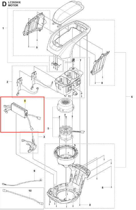 Widok części maszyny do koszenia trawy LC 353iVX Husqvarna przedstawiający detal silnika. Zaznaczony na czerwono element to moduł z przewodami po obu stronach. Rysunek techniczny uwidacznia szczegóły mocowań oraz układu przewodów.