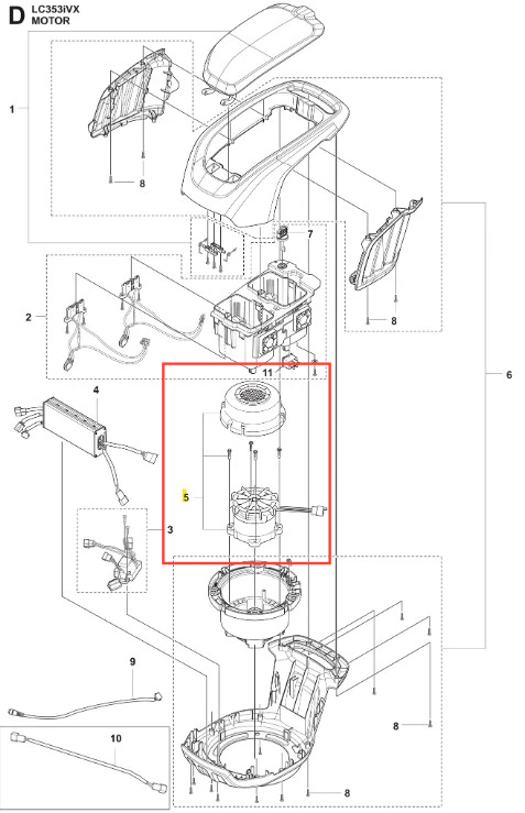 Silnik kosiarki LC 353iVX Husqvarna w zbliżeniu, z widoczną obudową, mocowaniami, wentylatorem oraz miejscami połączeń na neutralnym tle podkreślającym szczegóły techniczne.