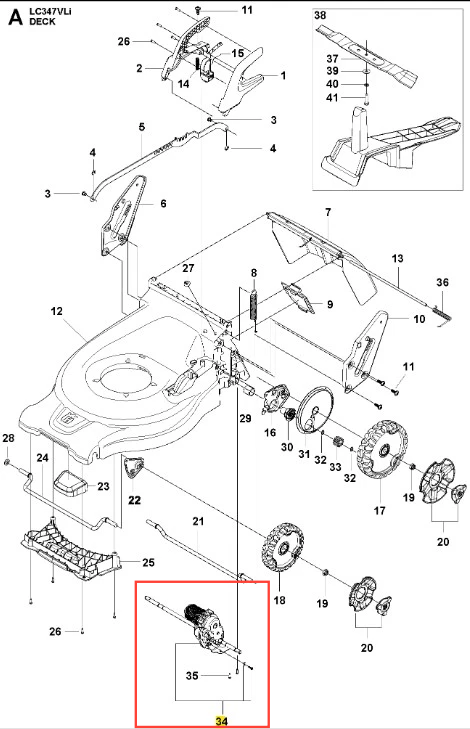 Przekładnia kosiarki LC 347VLi Husqvarna, widoczna w złożeniu, z metalową obudową i wyraźnie oznaczonymi elementami mocującymi, umieszczona w centralnej części przekroju produktu. Wymiary oraz kształt przystosowane do montażu w urządzeniu.