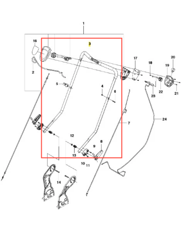 Uchwyt kosiarki LC 48VE Husqvarna, metalowy, w kolorze czarnym, z widocznymi elementami montażowymi. Prezentowany z boku, pod kątem, ukazując kształt i detale. Na zdjęciu znajduje się wyraźne mocowanie oraz logo producenta. Tło proste, białe.