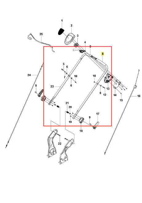 Nakładka uchwytu 48lc,lb do kosiarki Husqvarna LB 48V, metalowa, w neutralnym kolorze, z widocznymi mocowaniami. Produkt przedstawiony z boku, w pozycji leżącej, na białym tle. Szczegóły zarysowane wyraźnie, widoczne numery katalogowe.