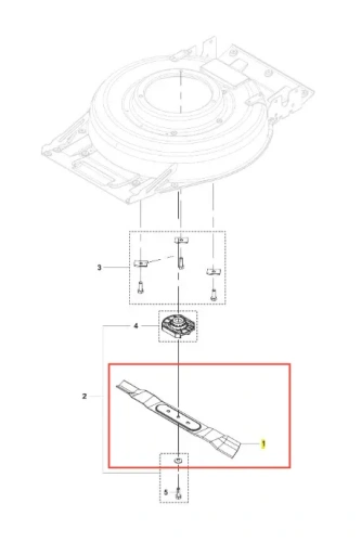 Nóż kosiarki LB 246iS Husqvarna w poziomej pozycji, z wyraźnymi detalami, takimi jak dwa otwory montażowe. Element stalowy z zaokrąglonym, szpiczastym końcem i gładką powierzchnią. Tło białe, co podkreśla detale produktu.