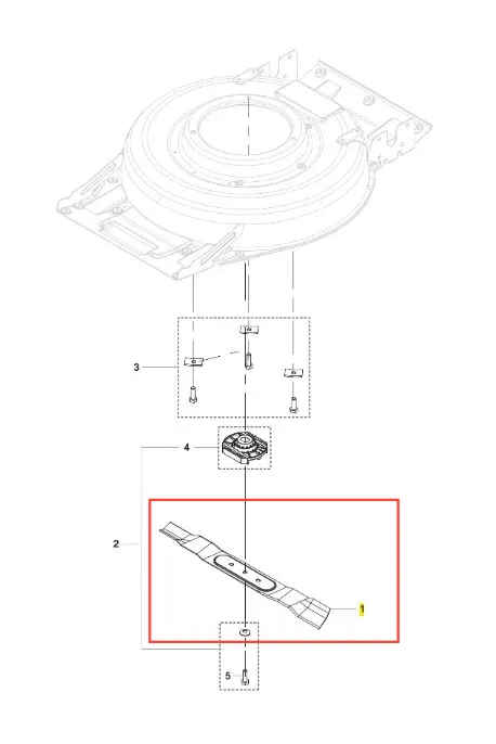 Nóż kosiarki LB 246iS Husqvarna w poziomej pozycji, z wyraźnymi detalami, takimi jak dwa otwory montażowe. Element stalowy z zaokrąglonym, szpiczastym końcem i gładką powierzchnią. Tło białe, co podkreśla detale produktu.
