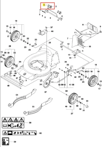 Śruba kosiarki WC 48S od Husqvarna, metalowa, z gwintem o średnicy standardowej. Widoczna w układzie części, przedstawiona z góry, otoczona innymi elementami. Długość śruby odpowiada typowym wymiarom do montażu kosiarki.