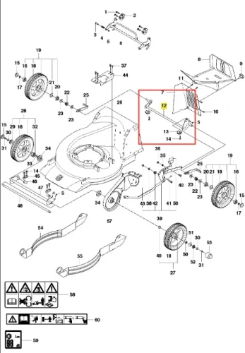 Tylna oś kosiarki WC 48S e Husqvarna, metalowa, w kolorze srebrnym. Widoczna z boku, z zamontowanymi kołami i elementami mocującymi. Zawiera uchwyty do montażu. Tło białe, proste, podkreślające produkt.