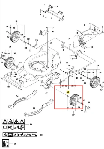 Regulator wysokości kosiarki WC 48S Husqvarna, z kołem, okrągły, gładki, zamontowany na podwoziu. Część nr 39 zaznaczona na czerwono, w tle inne elementy kosiarki.