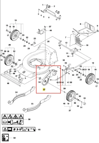Zestaw przekładni do kosiarki WC 48S e Husqvarna, zawiera srebrny mechanizm z kółkiem zębatym i elementy mocujące. Widoczne szczegóły mechaniczne i oznaczenia montażu.