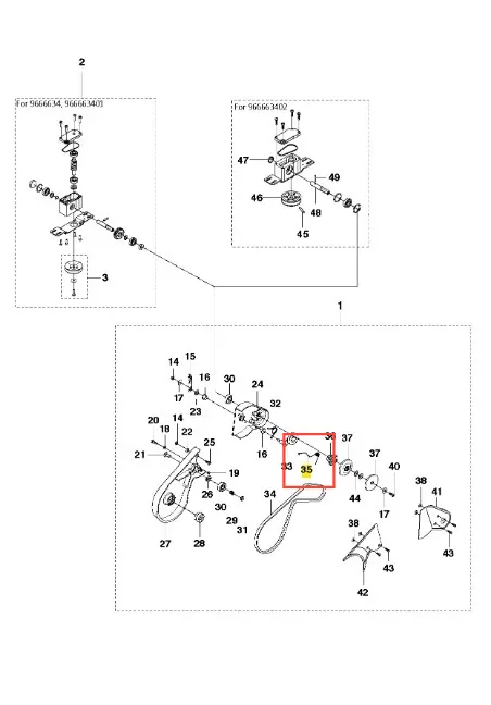 Sprężyna do kosiarki WC 48S Husqvarna, nr 35, metaliczna, wydłużona, centralnie umieszczona na białym tle w rozłożonym diagramie części.