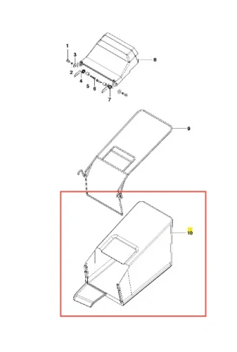 Worek na trawę Husqvarna WC 48S, prostokątny, z trwałego materiału, z okrągłą rączką i oknem kontrolnym na poziom trawy. Ujęcie pod lekkim kątem na białym tle.