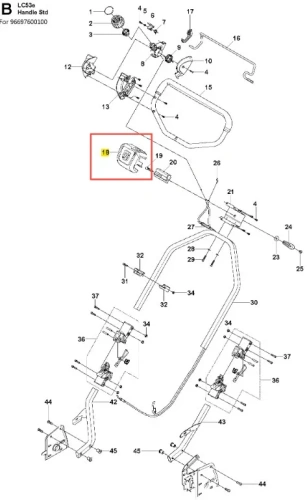 Pokrywa kosiarki LC 53 e Husqvarna, widoczna z góry, w kształcie prostokąta, w kolorze czarnym. Na powierzchni znajdują się szczegóły montażowe oraz otwory. Element jest złożony, gotowy do użycia, z wyraźnymi napisami identyfikacyjnymi.