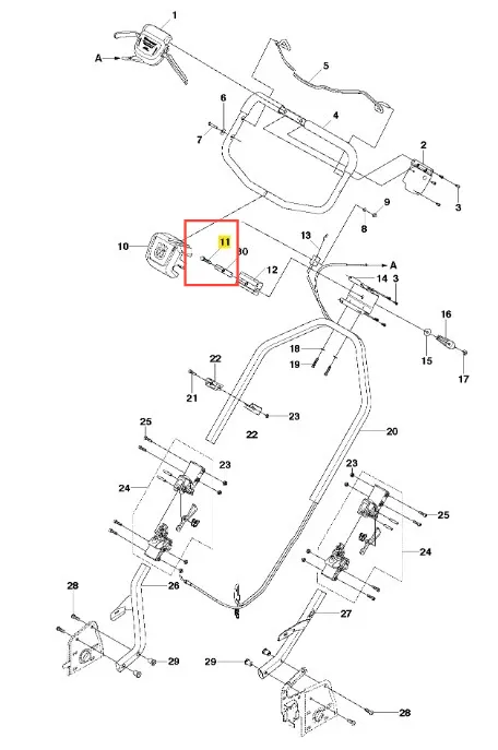 Śruba do kosiarki LC 53 e Husqvarna, metaliczna, w formie długiego, cylindrycznego elementu z gwintem. Widok z góry, leżąca na jednolitym tle. W widocznej części zaznaczone są zarysy mocowania. Brak dodatkowych elementów lub napisów.