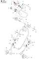 Metalowy, czarny uchwyt linki do kosiarki Husqvarna LC 53 e, ergonomiczny, zapewnia pewny chwyt. Widoczny z przodu, zamontowany z innymi częściami, z wyraźnymi detalami mocowania.