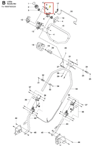 Sprężyna przycisku kosiarki LC 53 e Husqvarna, srebrna, cylindryczna, widok z góry, z wyraźnymi mocowaniami. Element na białym tle, podkreślający detale sprężyny.