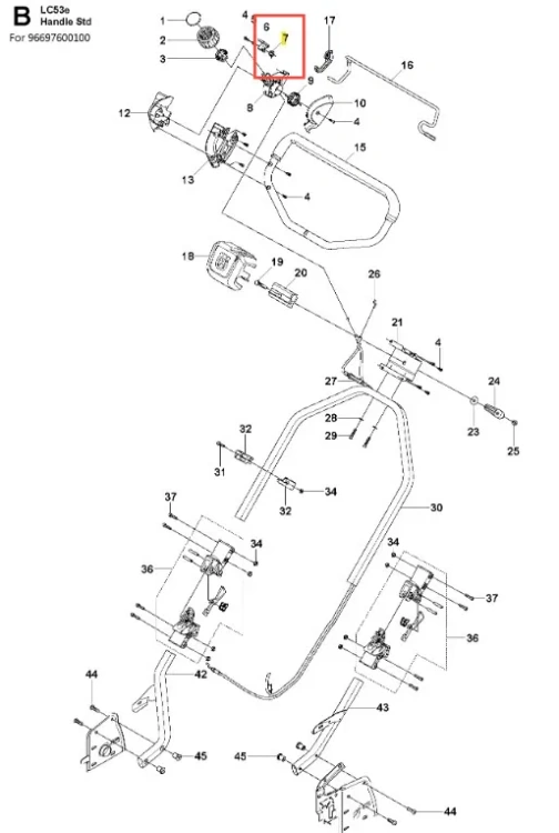 Sprężyna przycisku kosiarki LC 53 e Husqvarna, srebrna, cylindryczna, widok z góry, z wyraźnymi mocowaniami. Element na białym tle, podkreślający detale sprężyny.