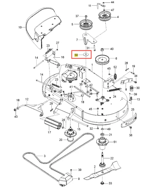 Podkładka kosiarki Z242F Husqvarna, okrągła, w kolorze czarnym, wykonana z materiałów odpornych na warunki atmosferyczne. Widoczne mocowania. Produkt przedstawiony z góry w złożeniu technicznym. Idealna do wymiany w urządzeniach koszących.