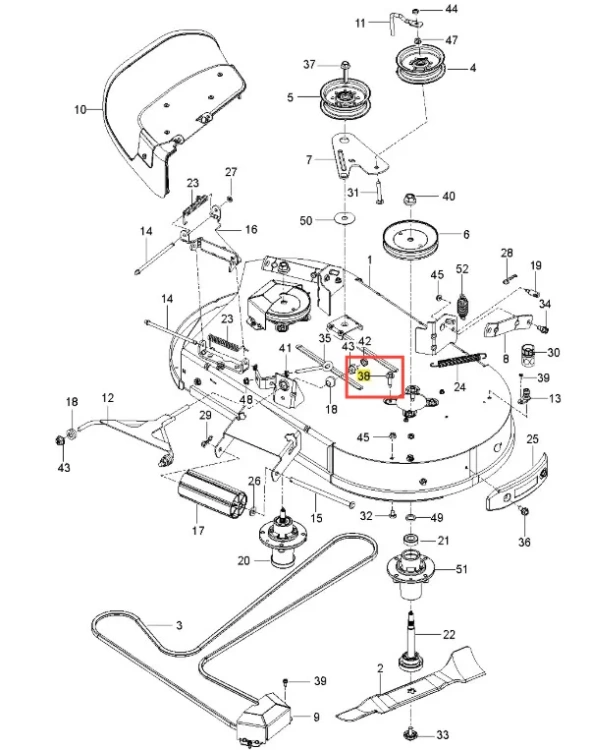 Śruba kosiarki Z242F Husqvarna, widok z góry na detale, z metalicznego materiału, matowa powierzchnia. Brak wyraźnych napisów; śruba pokazana na tle innych elementów montażowych. Kompaktowy rozmiar, istotna część mechanizmu kosiarki.