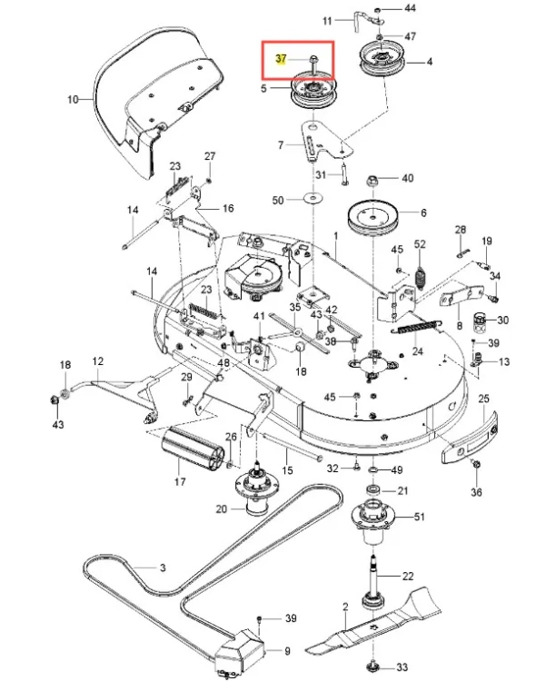 Metalowa śruba z podkładką do kosiarki Husqvarna Z242F, cylindryczna z gwintem, widoczna z boku w metalowym otoczeniu części roboczej. Tło białe z konturami innych części kosiarki.