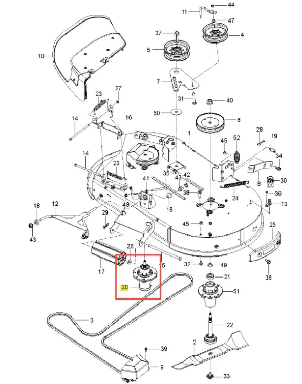 Wrzeciono kosiarki Husqvarna Z242F, metaliczne, z centralnym mocowaniem i kratką wentylacyjną, oznaczone numerem 20. Zdjęcie na białym tle, zbliżenie na detal konstrukcyjny elementu.