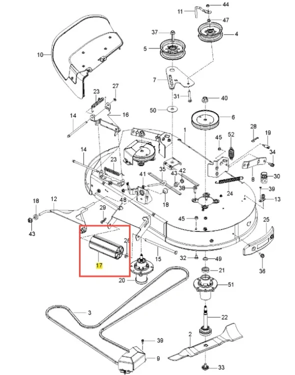 Rolka kosiarki o zerowym promieniu skrętu Z242F Husqvarna, cylindryczny element, srebrny kolor, widoczne mocowanie z jedną końcówką. Przedstawiona w zbliżeniu, montowana na podwoziu kosiarki, otoczenie techniczne.