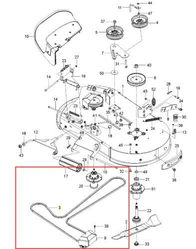 Pasek kosiarki o zerowym promieniu skrętu Z242F Husqvarna, w kształcie litery U, wykonany z elastycznego materiału, bez wyraźnych oznaczeń. Zbliżenie na detal, prezentowane z boku, na białym tle, uwydatniające krzywizny oraz punkty mocowania.